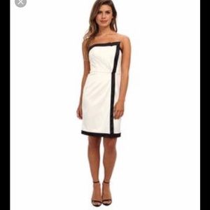 Vince Camuto strapless pleated satin tuxedo dress.